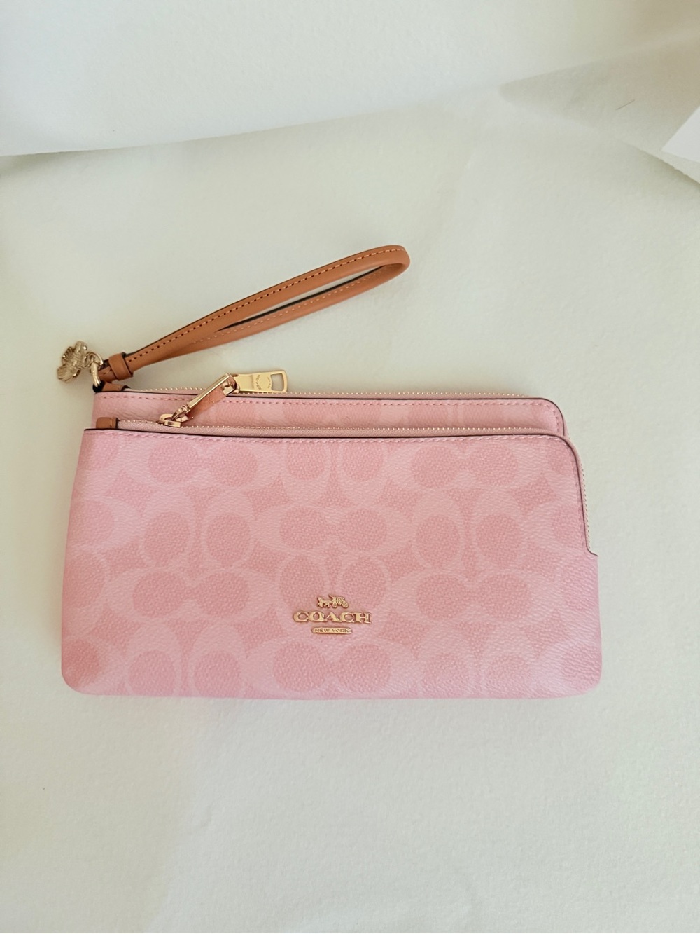 NWT Coach Double Zip Wristlet In Signature Canvas With Charms CEF61 Powder Pink